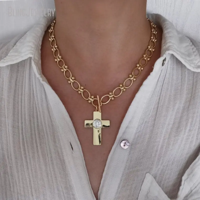 

10pcs Chunky Gold Color Christ Mother Pearl Cross Charm Pendant Toggle Clasp Necklace Statement Gift Vintage Chain Jewelry