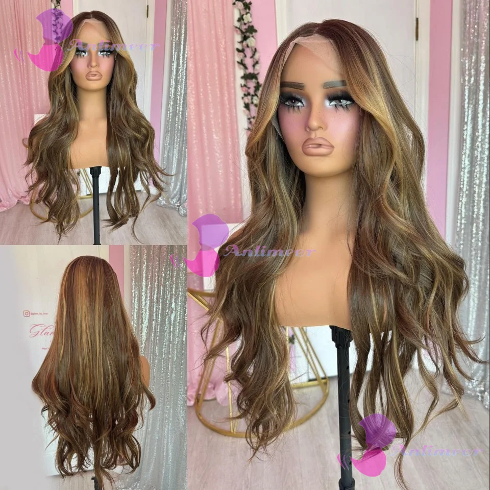 

Pre Plucked Medium Brown Blonde Highlight Body Wavy 5x5 Silk Top Closure Wig Glueless Brazilian Bleached Knots 13x6/360 Lace Wig