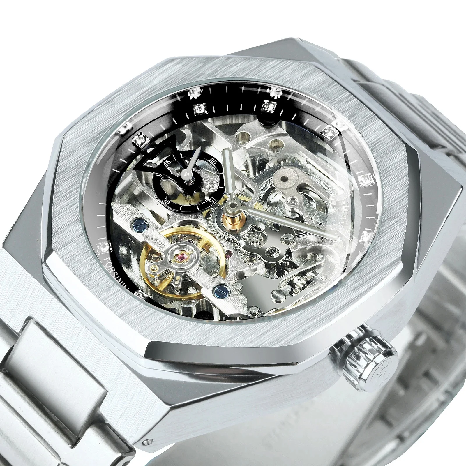 Forsining Silber Automatische Uhr Männer 3D Diamant Zifferblatt Unregelmäßige Tourbillon Skeleton Mechanische Armbanduhren Leucht Hände Uhr
