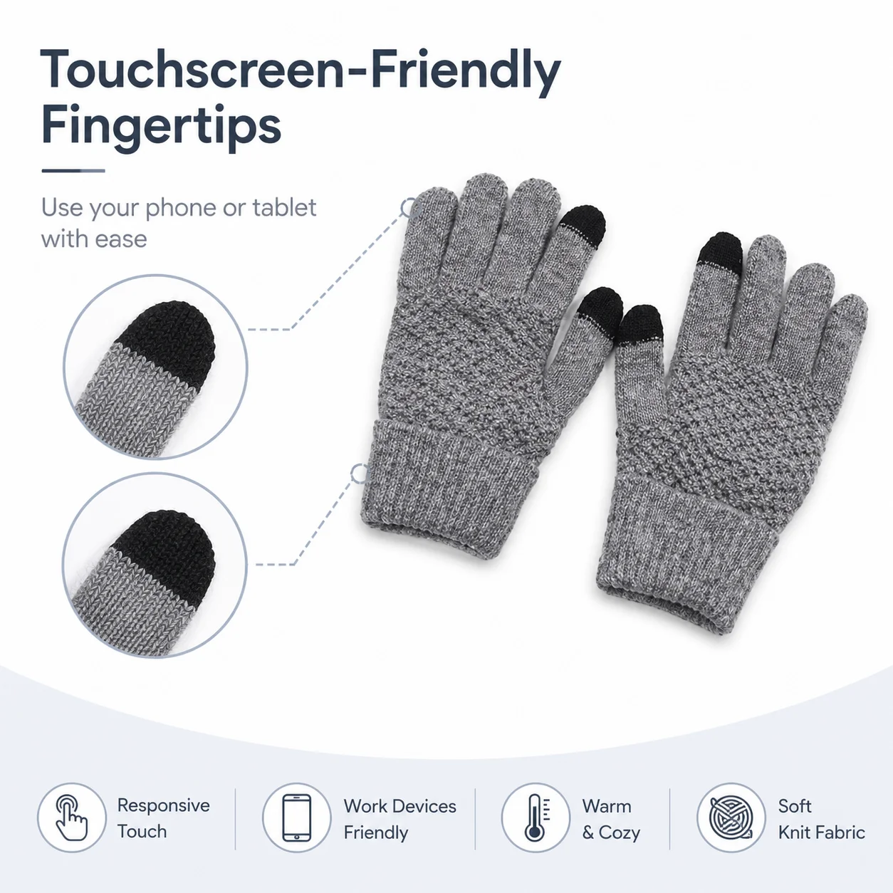 Knit Touchscreen Gloves for Women Men, Soft Warm Winter Gloves with Stretch Fit, Texting Fingertips for Daily Wear, Gray Black
