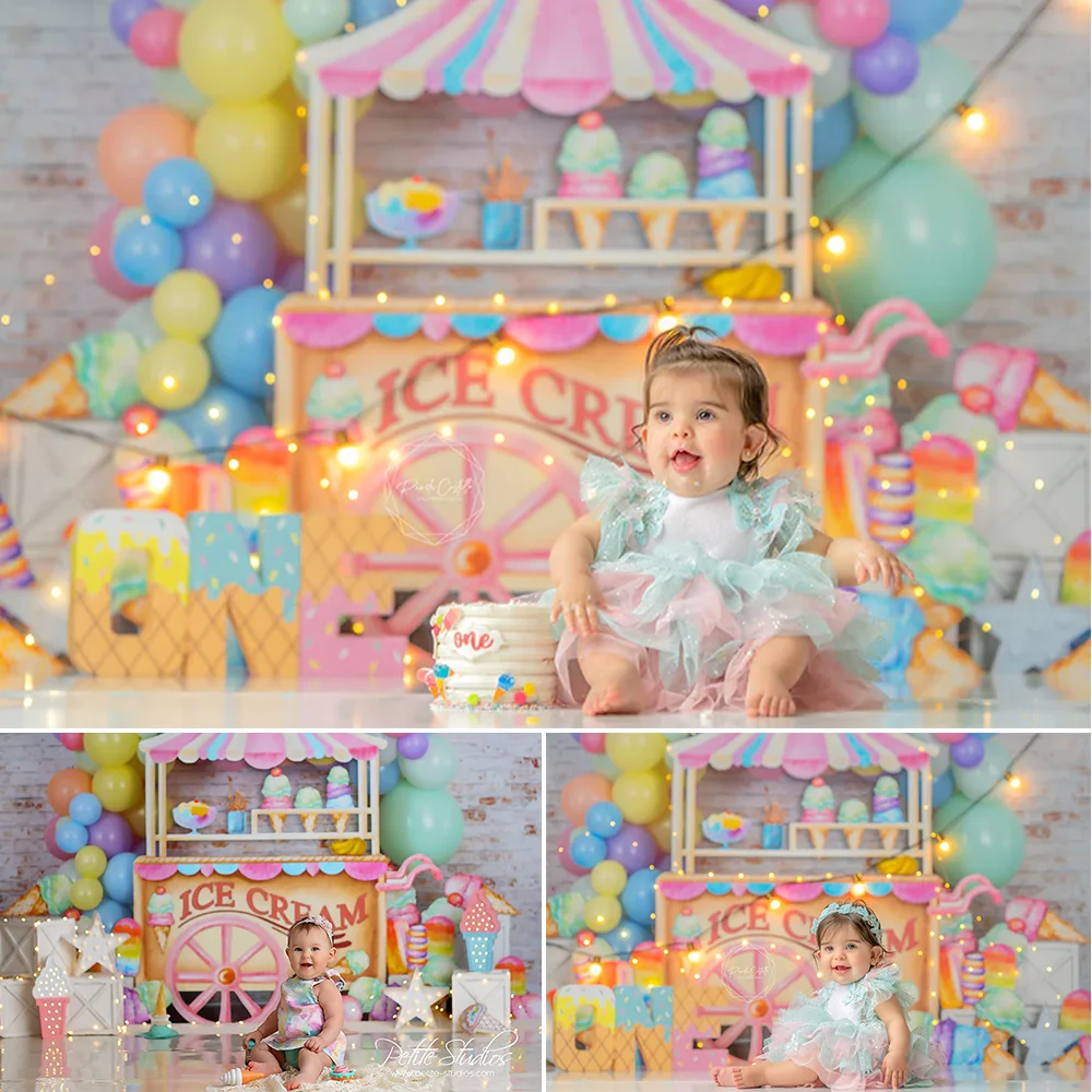 Ice Cream Party Photography Background Pink Ice Cream Cart Colorful Balloon Kids Portrait Birthday Decoration Backdrop Photocall