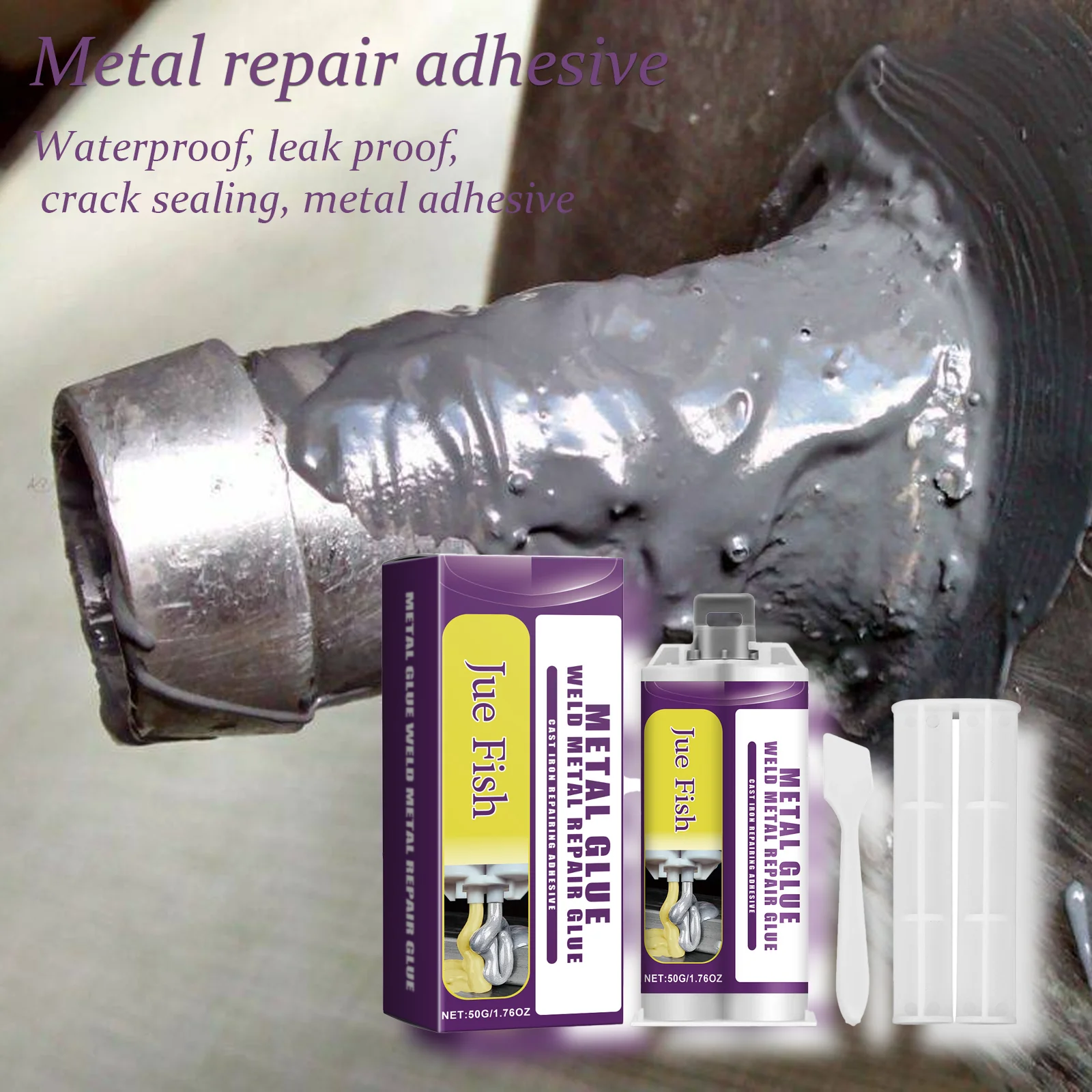 Pegamento para reparación de metales, 50g, con raspador y Putter, pegamento Ab resistente al agua, adhesivo para reparación de metales a prueba de fugas