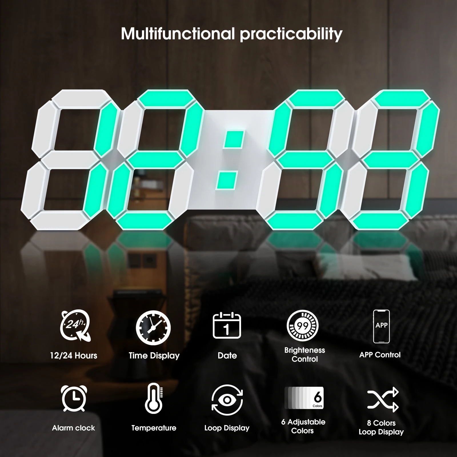 Tuya Alarm Clock 3D Led Wall Digital Color Clock 15Inch Nordic Wall Clock Snooze Table Clock Calendar Thermometer Hanging Watch