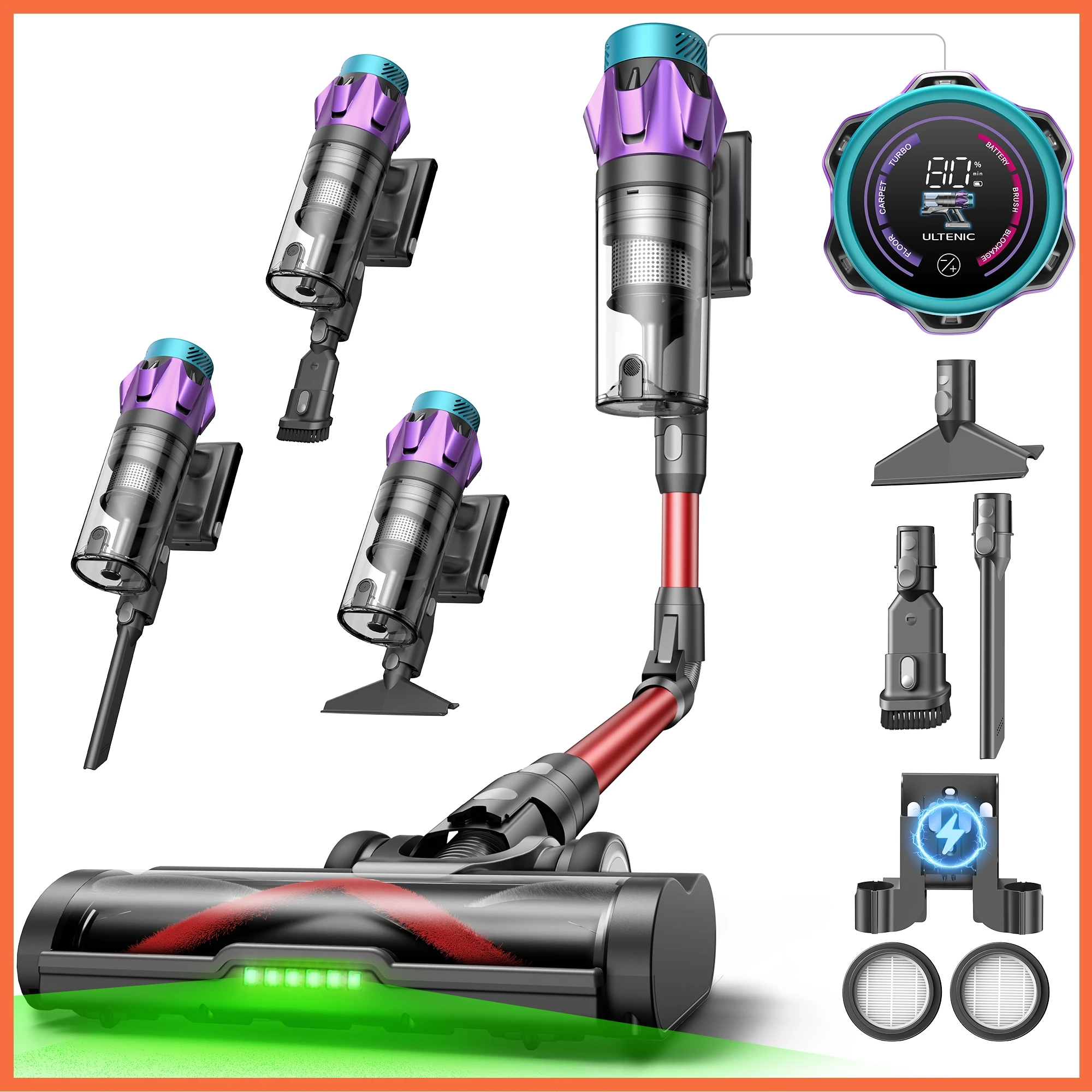 Aspirateur balai sans fil Ultenic U18 Pro – Faible niveau sonore, écran LED, forte aspiration de 600 W 55 Kpa, autonomie maximale de 80 min, 180 °   Baguette flexible, design autoportant. Idéal pour