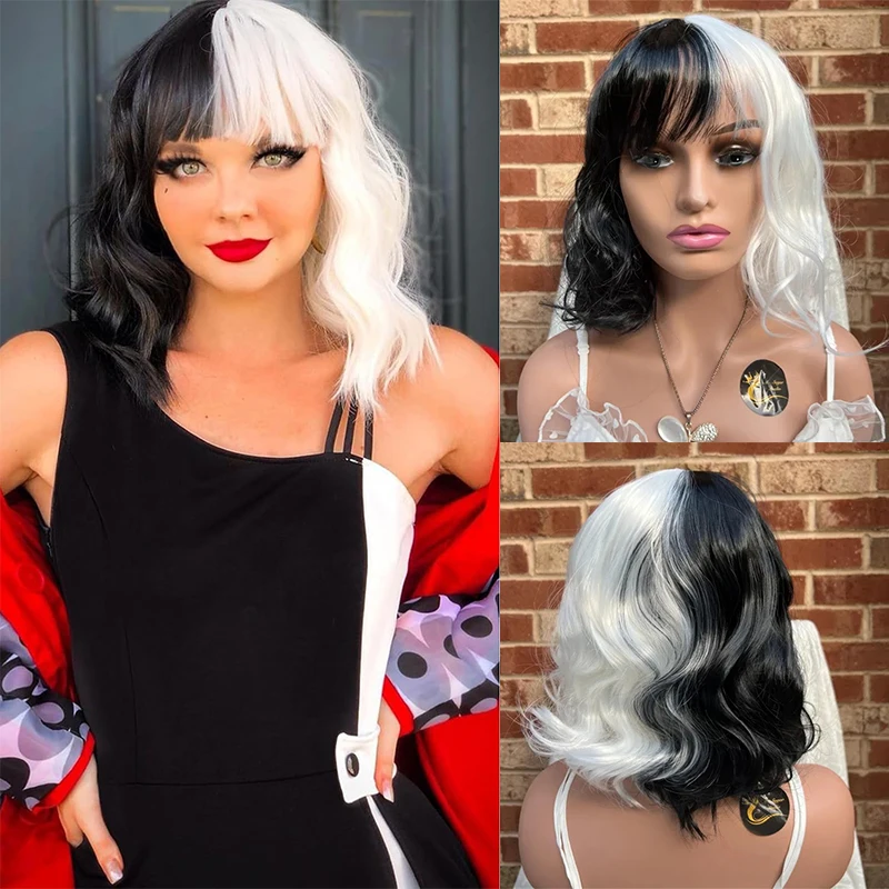 

14Inch Black And White Wig Female Short Curl Wave Synthetic Wig Girl Halloween Party Cosplay Wig Natural Wavy with Curtain Bangs