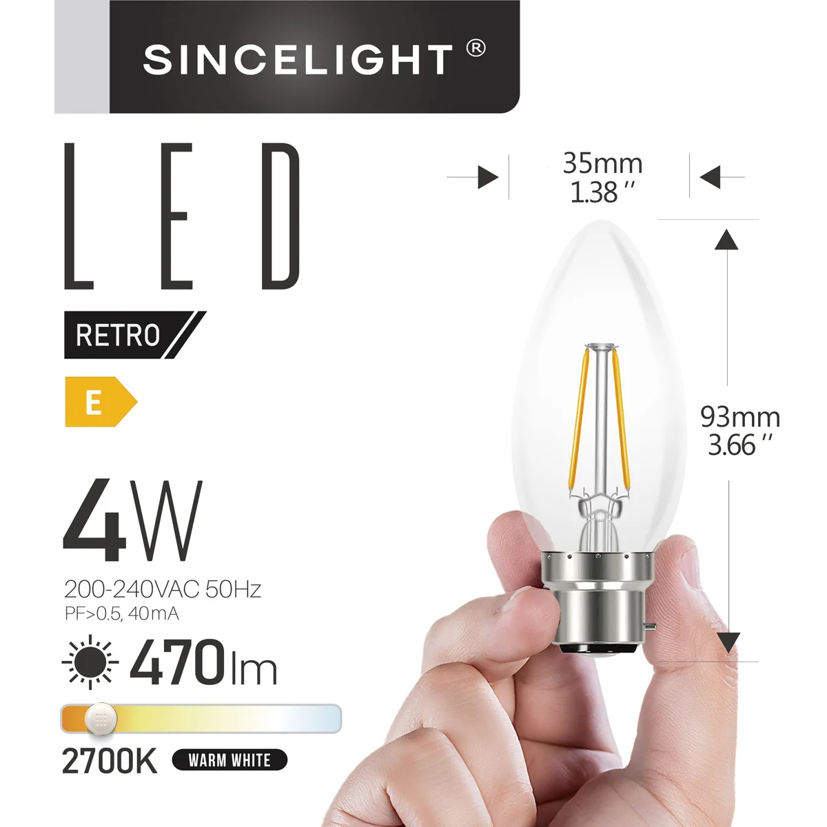 Pack of 6, B22 LED Retro Filament Bulb, Vintage Candle-Like Bulb, 4W, 470lm Equivalent to 40W, Warm White 2700K, BC Bayonet Cap