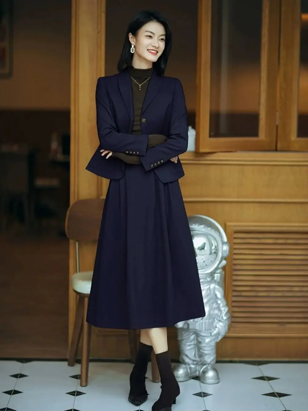 Autumn elegant women's office style solid color belt decorated wool skirt suit