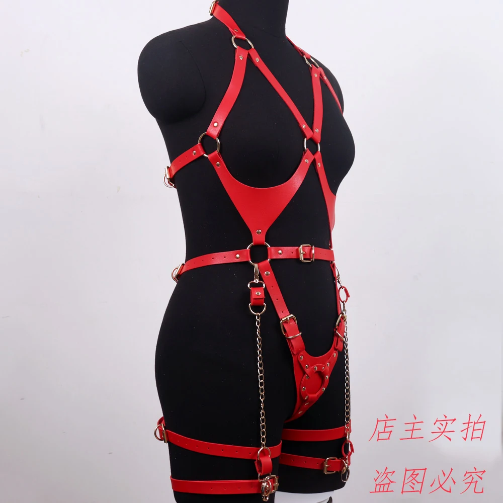 Sexy Lingeries Harness Leather Set Red Garter Belt Punk Goth Plus Size Women Bra Cage Top Chest Rivet Sexy Waist Leg Suspender