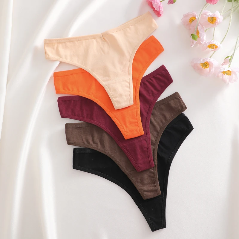 5PCS/Set Women Cotton Thongs Seamless Low Rise Underwear Sexy V-Waist Breathable T-Back Solid Color Girls Comfortable Lingerie image 5