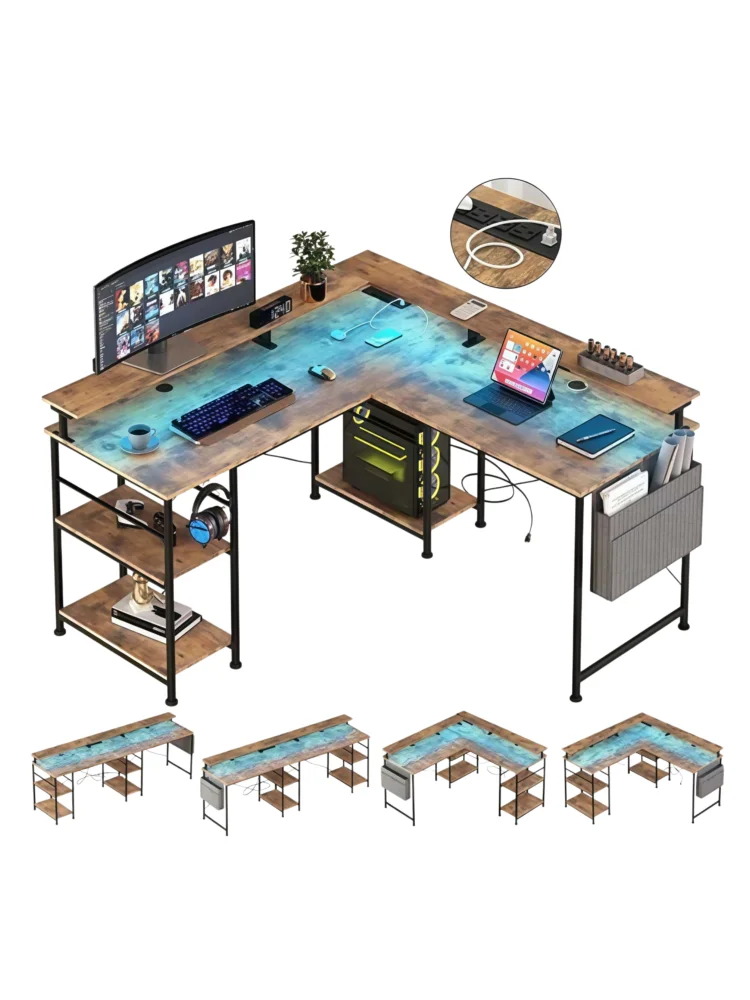 L-förmiger Computertisch mit Steckdosen und LED-Lichtleiste, neigungsverstellbar, stilvolles und modernes , grau