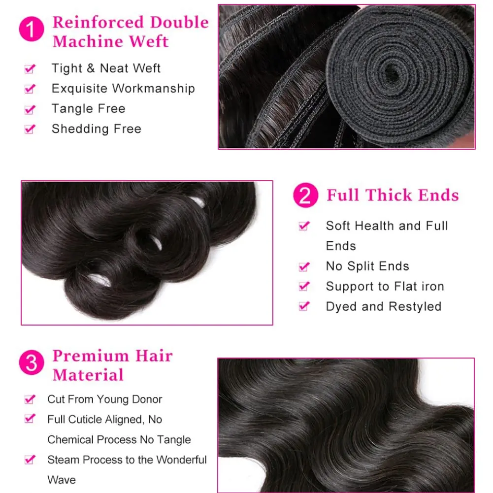 Körperwelle, 3 Bundles mit Frontal, Echthaar-Bündel mit 13 x 4 Spitzen-Frontal, natürliches schwarzes, gewelltes Haar, reines Haar, 13 x 4 Frontal – Detail 4