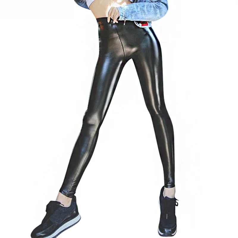 BIVIGAOS kobiety jesień czarny PU skóra legginsy aksamitne grube ciepłe legginsy Slim Sexy legginsy Push Up spodnie Skinny fit kobiet — zdjęcie 2