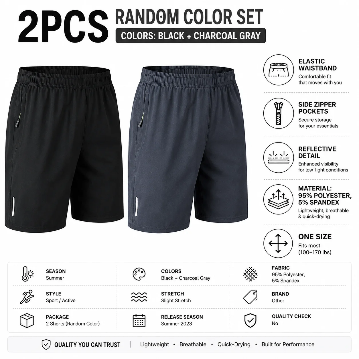 2-Pack Men's Quick-Dry Athletic Shorts – 95% Polyester 5% Spandex, Elastic Waistband with Drawstring & Zipper Pockets – Lightweight, Breathable for Running, Gym & Training
