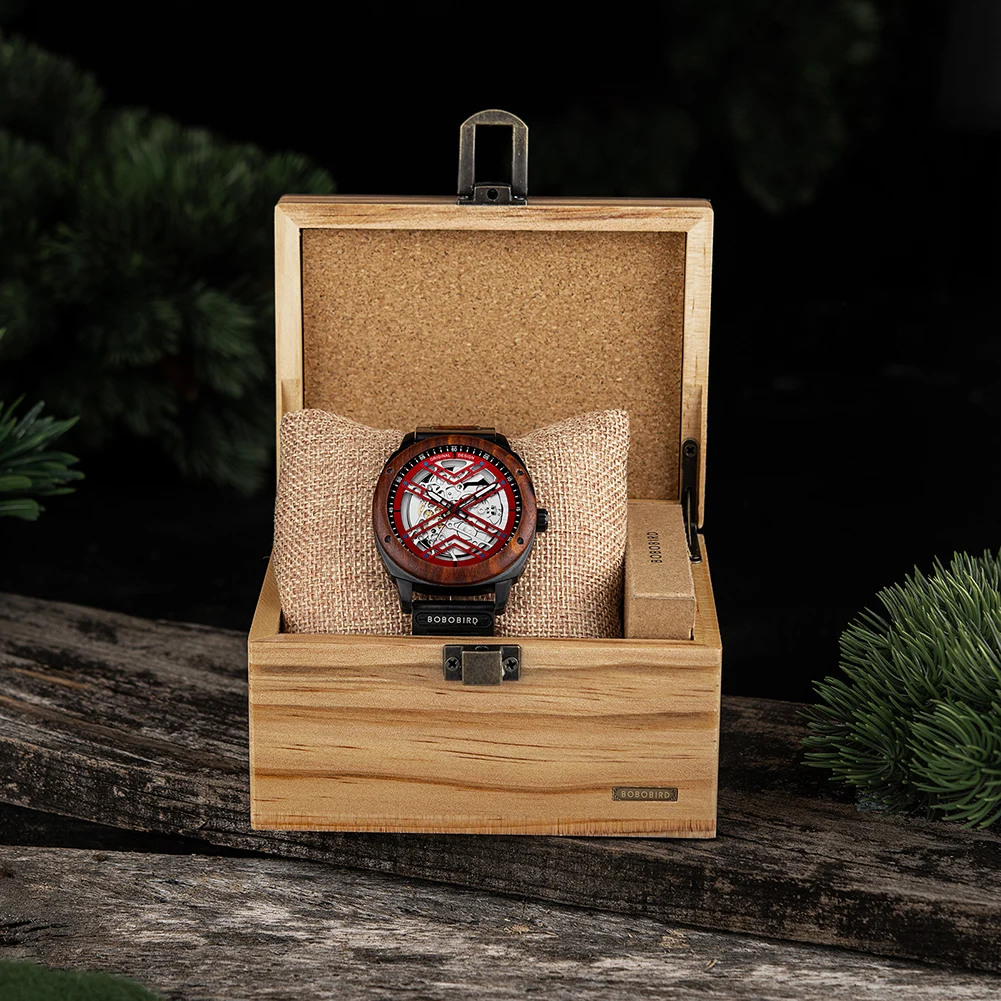 ساعة ميكانيكية أوتوماتيكية BOBO BIRD قمة الموضة الفاخرة للرجال ساعة يد معدنية خشبية ساعة هدية رائعة شعار صندوق مخصص reloj hombre