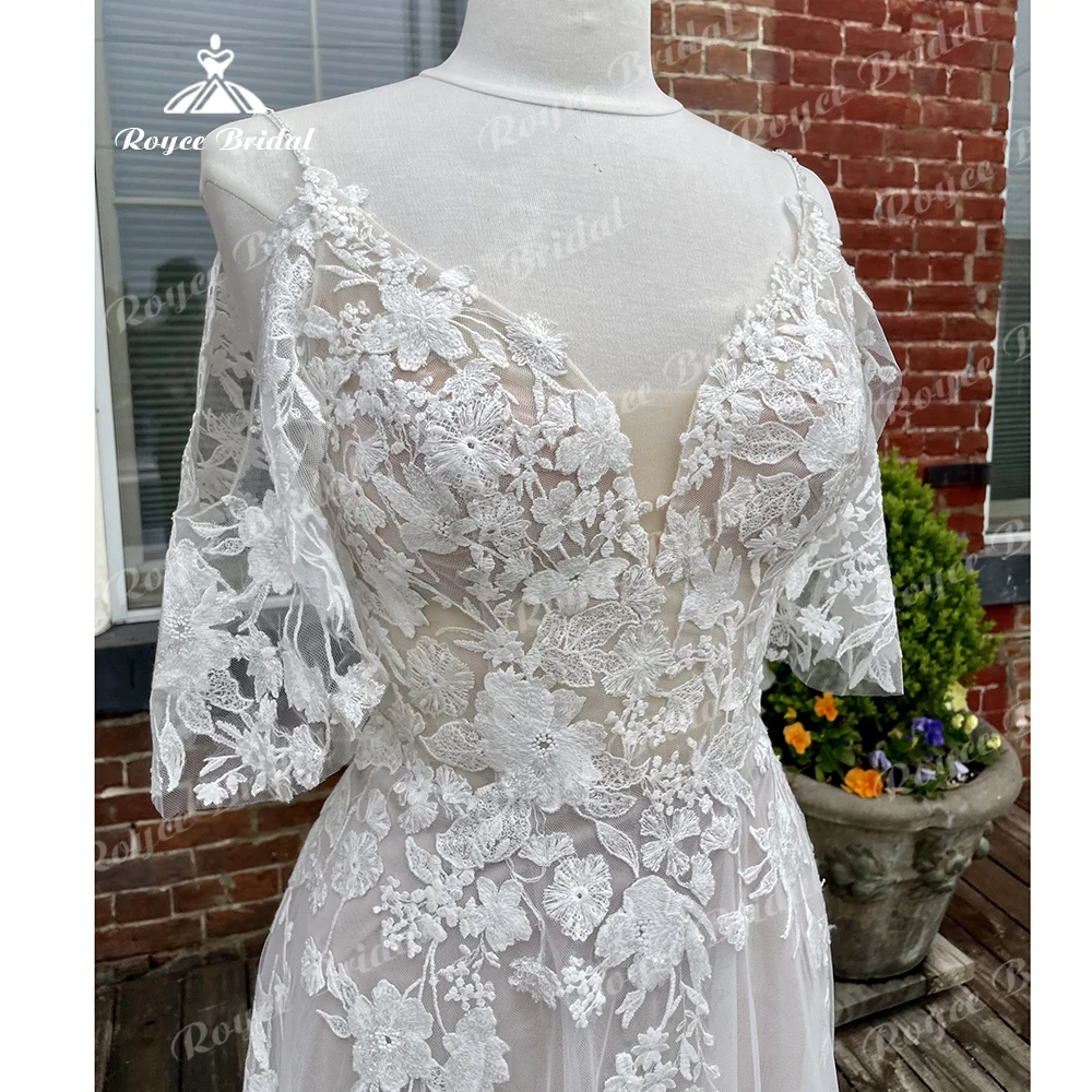 Zomer Kant Trouwjurken Bandjes A-lijn Bruidsjurken Backless Applicaties Boho Bruid Jurk Vestidos De Noiva Roycebridal