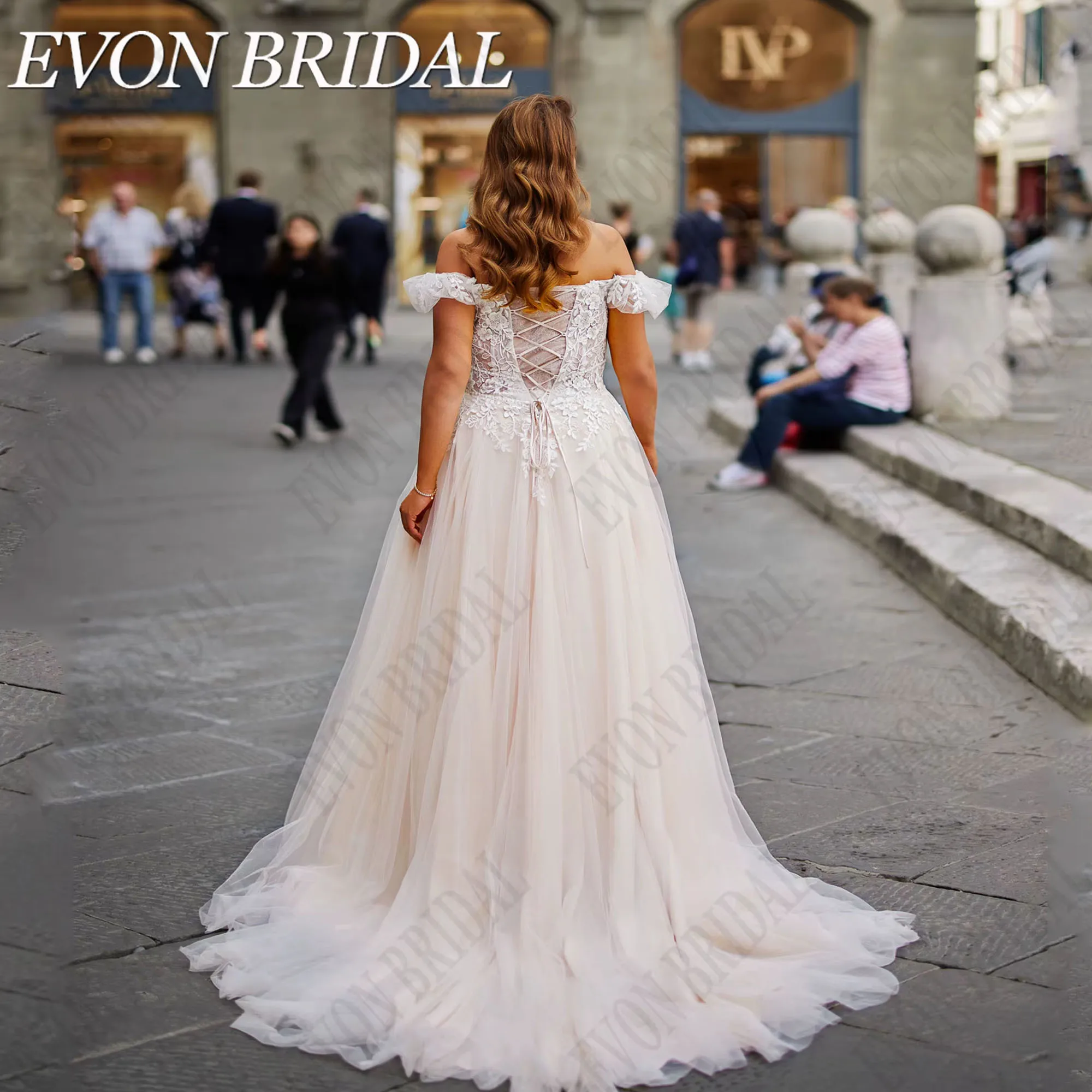 Large Size Wedding Dress 2024 Bride Off Shoulder A-Line Tulle V-Neck Civil Bridal Gowns Lace Up Applique Customized EVON BRIDAL