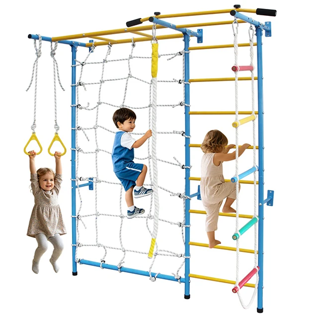 Deze 7-in-1 binnenklimmachine voor kleine kinderen bevat een stalen Zweedse trap, een wandtrap, een horizontale balk, een touwtrap en ophangringen, met een draagvermogen van 99,8 kg.