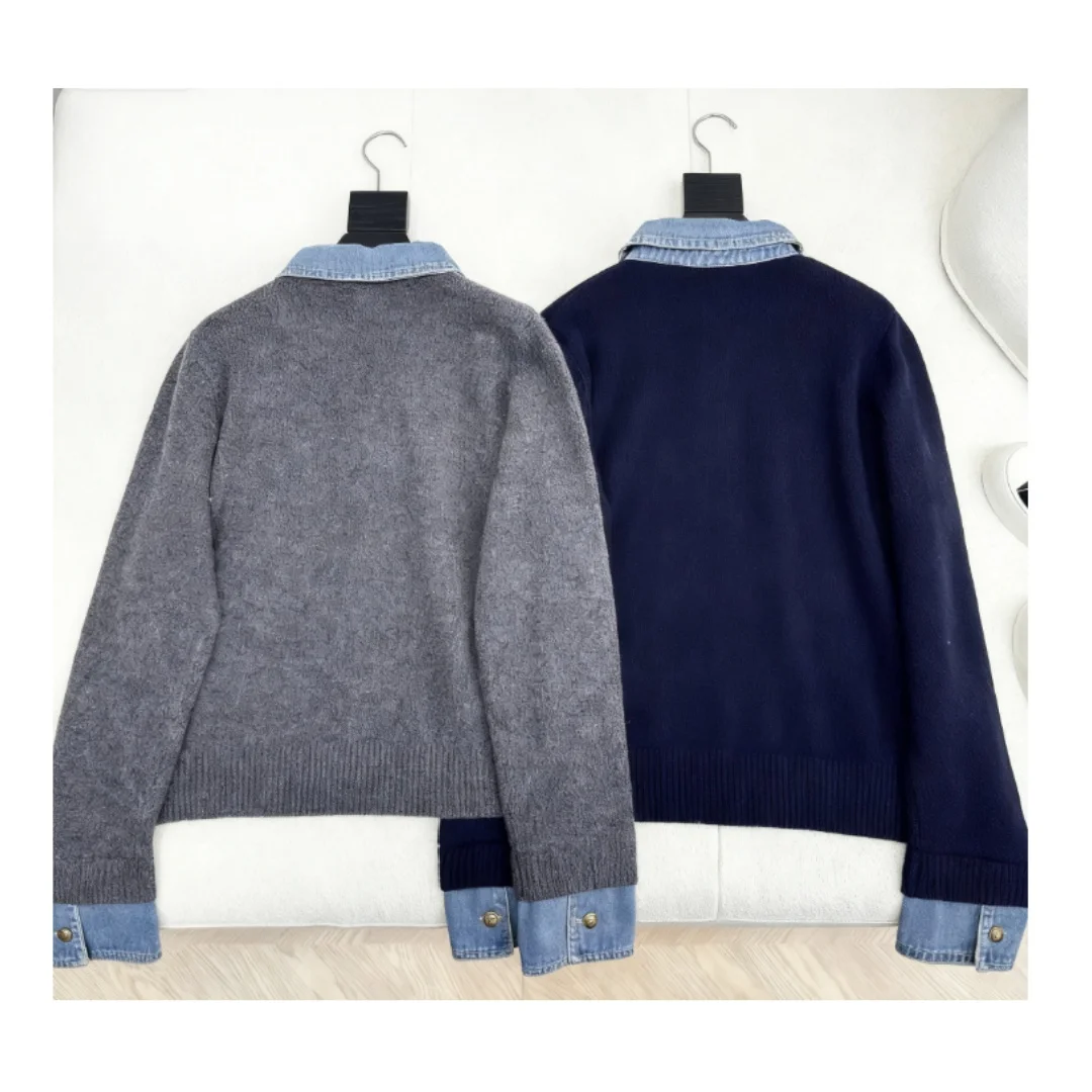 

2025 Winter New Style Women's Fashion Denim Patchwork Polo Sweater