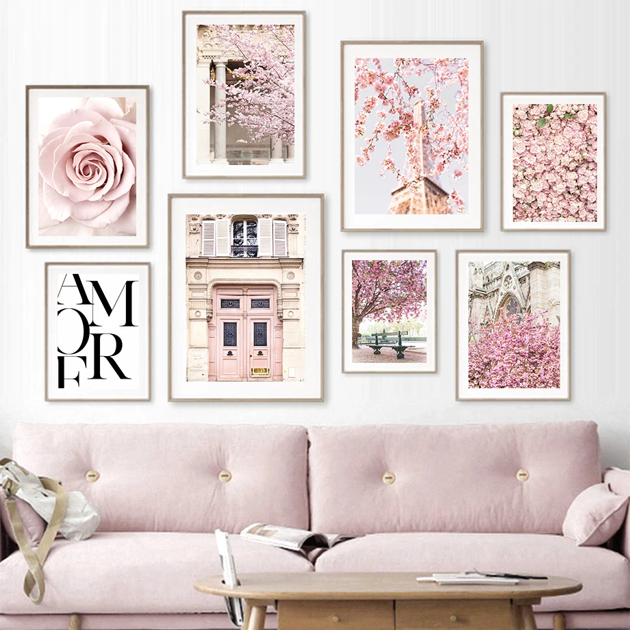 Pink Door Unit Peach Blossom Rose Park Bench Eiffel Tower  Fashion Wall Art Canvas Painting Nordic Poster Room Decor