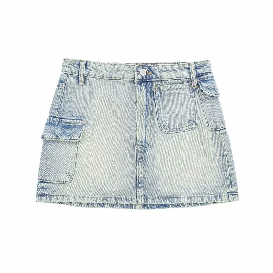 Cargo Denim Mini Skirt Women Vintage Pocket High Waist Short Jean Skirts Casual Loose A Line Streetwear Clothes Blusas