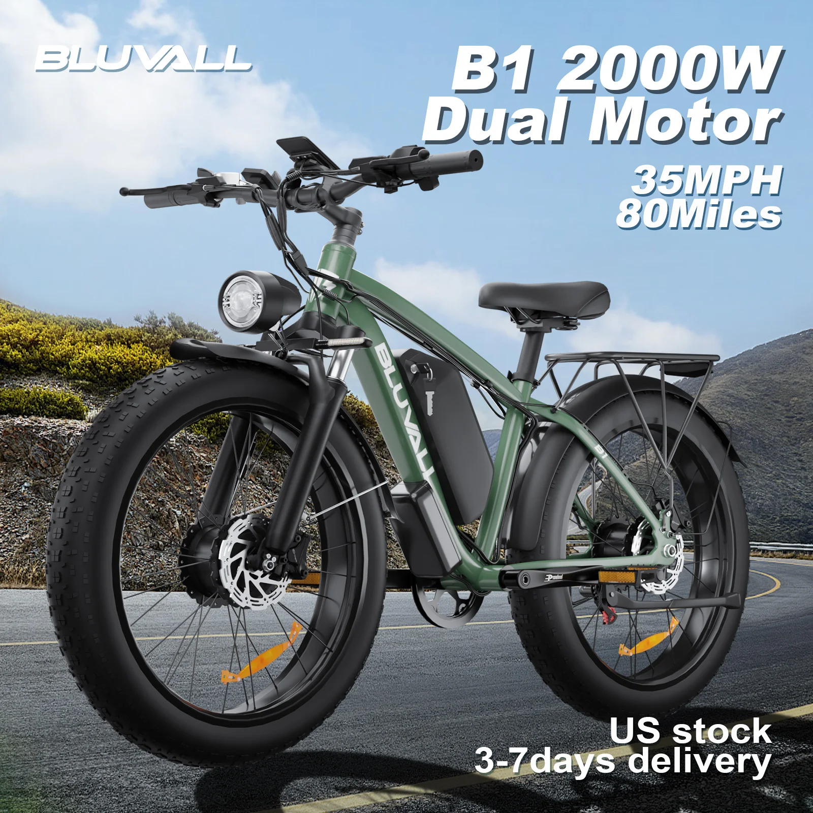 BLVALL B1 48V 2000W Full Suspension E-Bike CE Certified 26 Inch Fat Tires Hidden Dual Battery Snow Beach Electric Bicycle