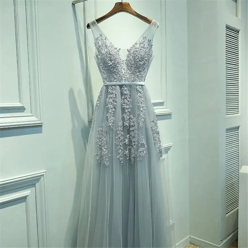 Robe De soirée longue en Tulle argenté, élégante, sans manches, avec des appliques, col en V, bordeaux, tenue De soirée formelle, 2024