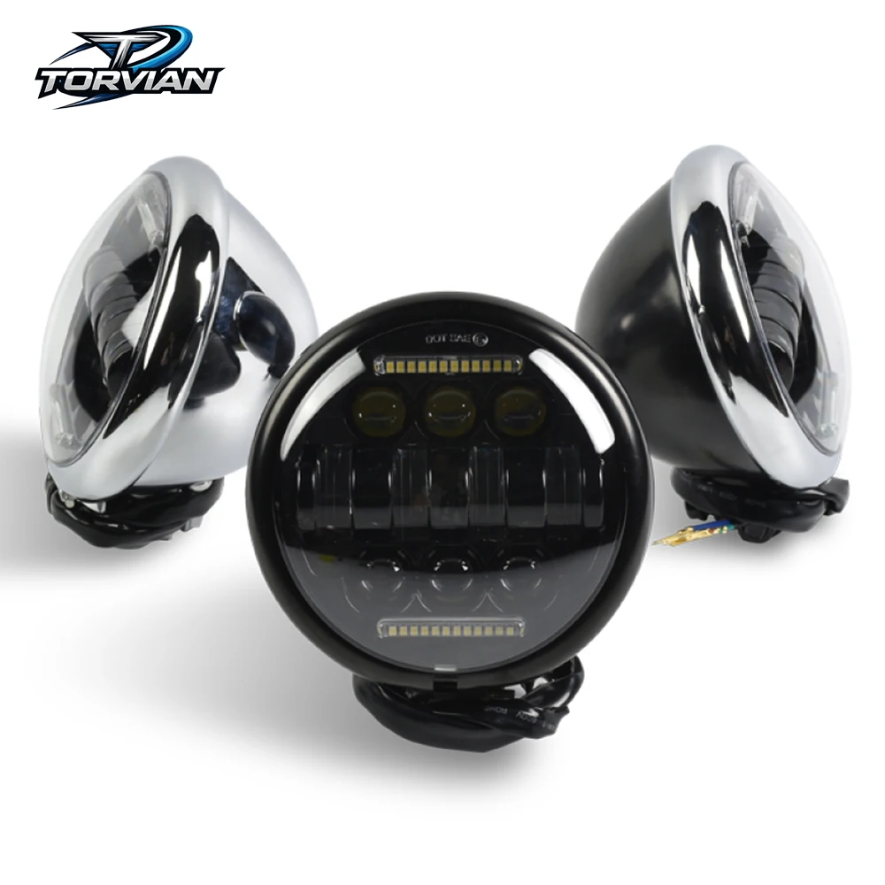 Torvian Universal Motorcycle LED Headlight Front Lamp High Low Beam DRL Waterproof Retro Daytime Running Light