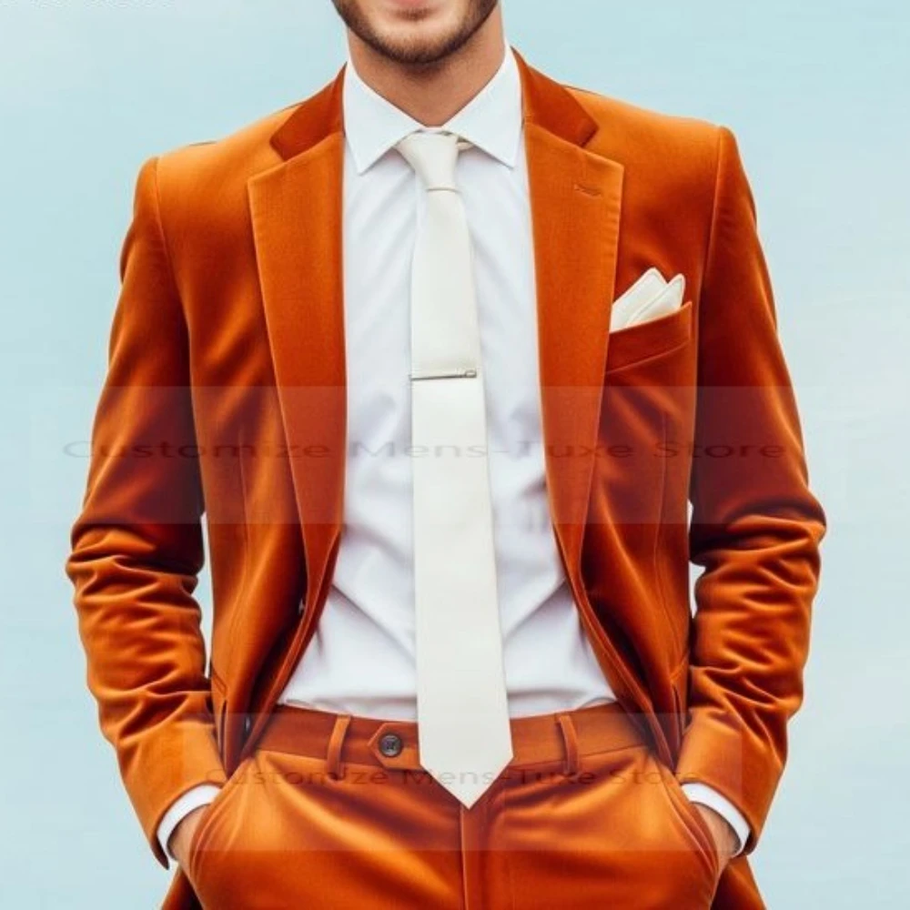 

Brand new dark orange velvet men's business suit for groom groomsmen wedding party dance formal two-piece suit