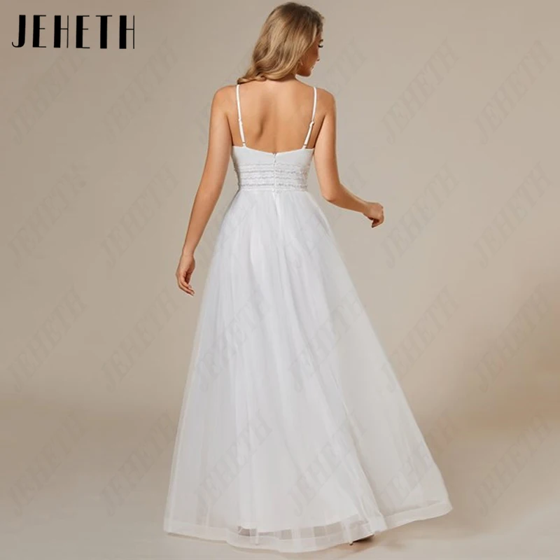 JEHETH V-Neck Sequin Wedding Dress Women Tulle Spaghetti Straps Bridal Gowns A-Line Backless Robes De Mariée Vintage Sleeveless