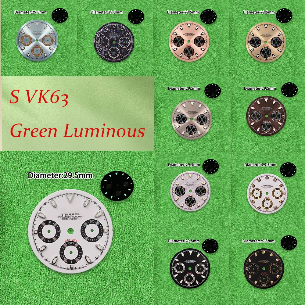 S Logo VK63 Dial 29.5mm DTN Panda Dial black dial Suitable For VK63 Movement Green Luminous Watch Modification Accessories ﻿