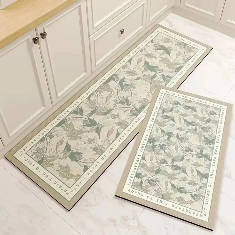 Kitchen Rug Pvc Waterproof Leather Carpet Green Flower Long Floor Mat Non-slip Oil-proof Minimalist Style Home Decoration Rugs