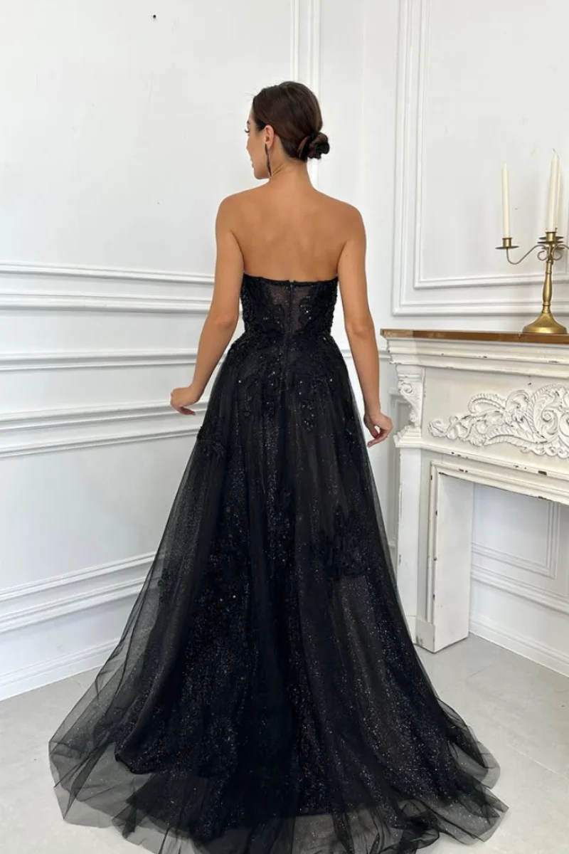 Jessica Glitter Beads Evening Dresses Black Tulle Prom Dresses Off-shoulder Side Slit Princess Dress Vestidos De Gala Customized
