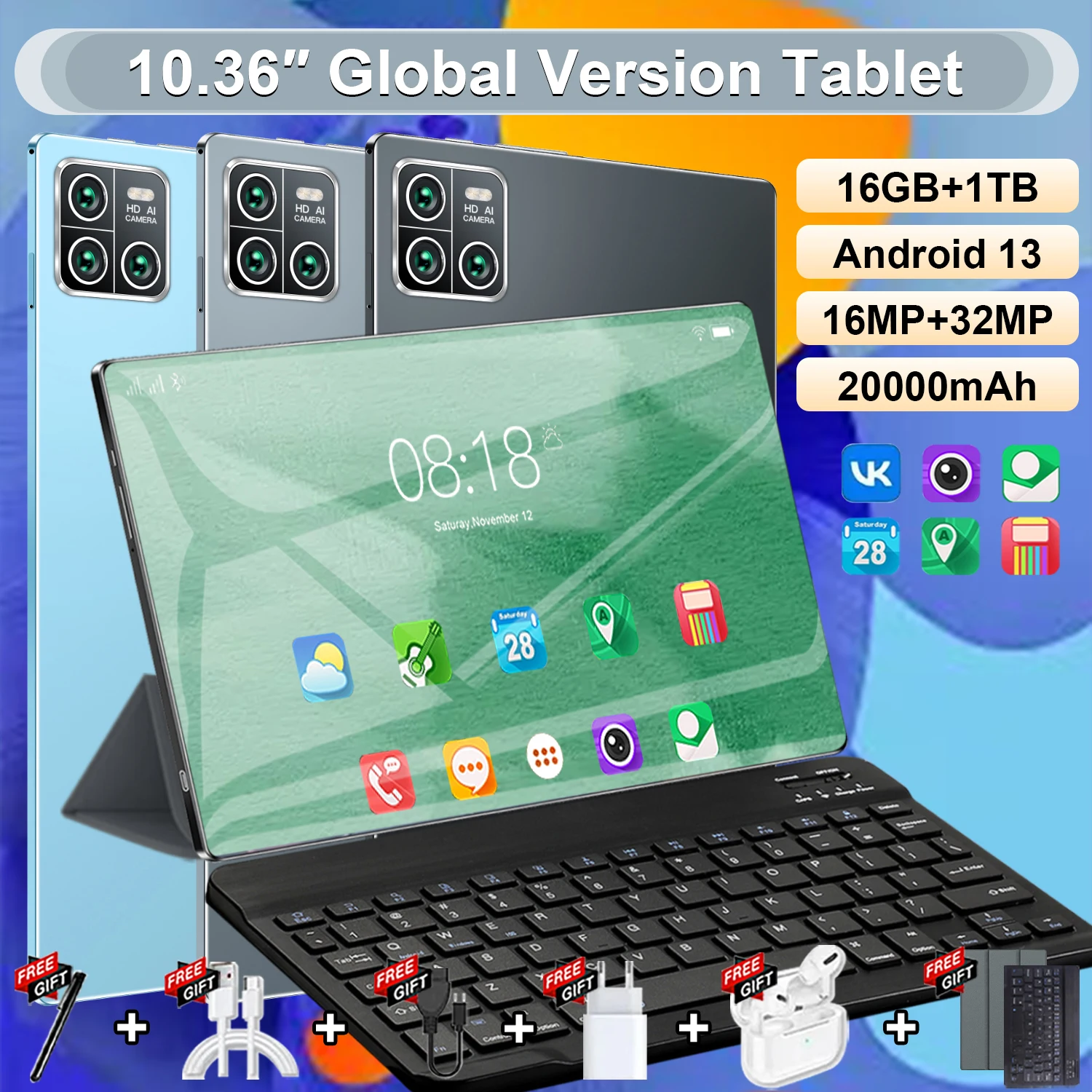 Tablet Android 5G 2026 con Google Play, Doble SIM, Cámaras Duales, Android 13.0 de 14 Núcleos, Pantalla de 10.36 Pulgadas, 20000 mAh, 16 GB de RAM, 1 TB de ROM
