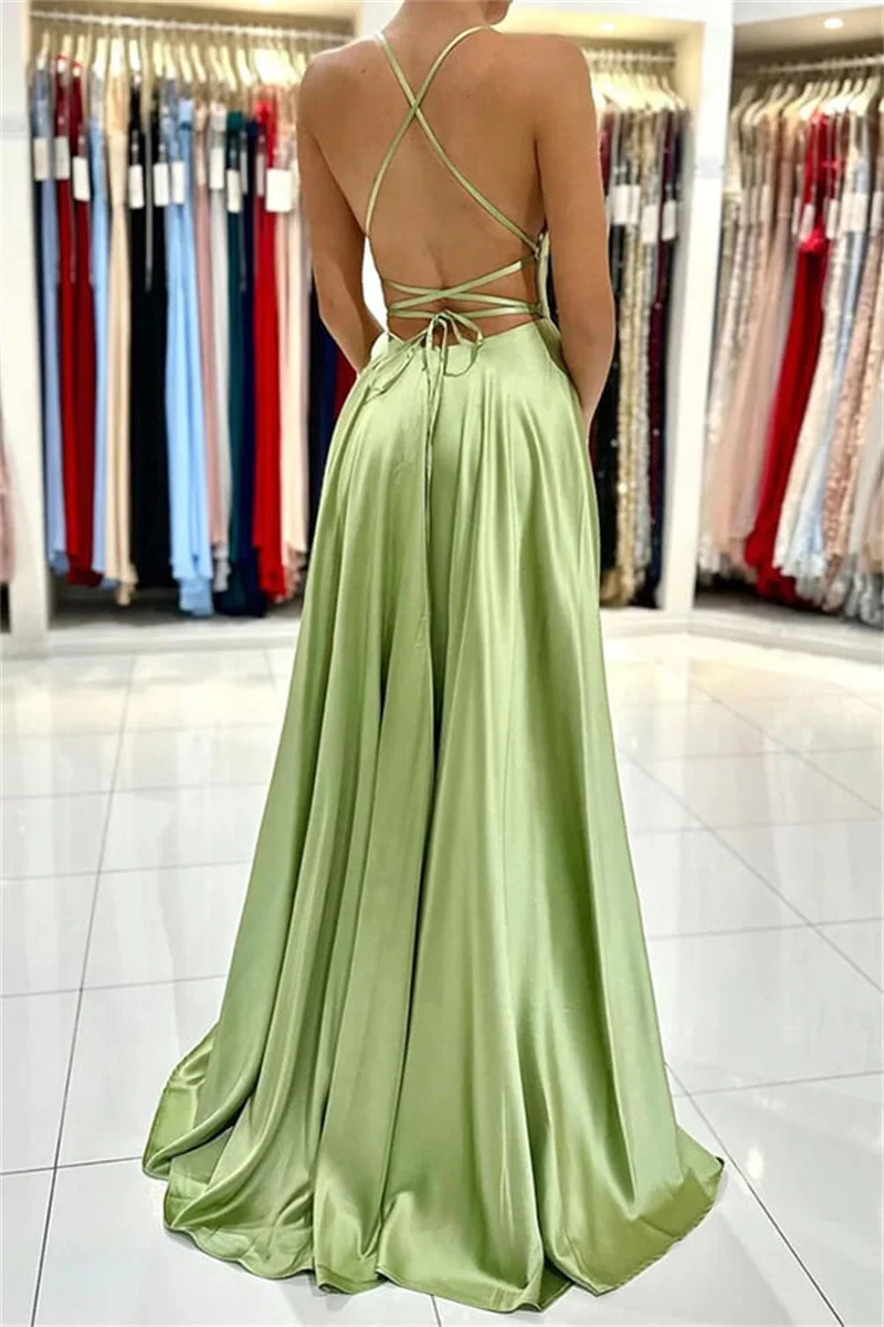 2024 Satin Spaghetti Straps Strapless Prom Dresses With Split Sleeveless Backless Corset Evening Gowns A-line Long Ball Gowns