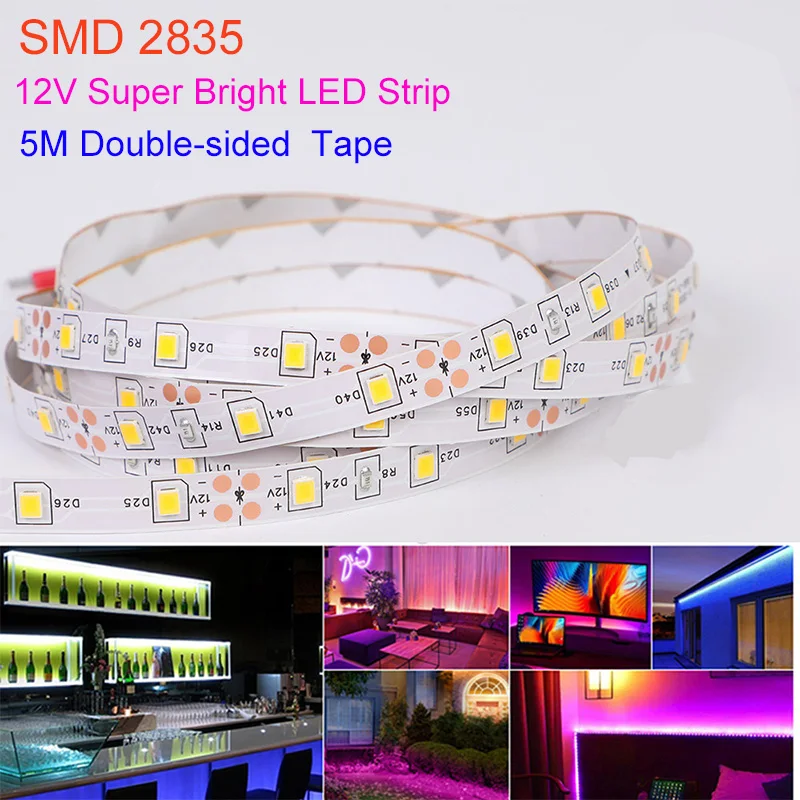 Taśma LED 12V 5M SMD 2835 Wodoodporna taśma LED 60LED/M Ciepły biały niebieski czerwony zielony żółty elastyczna wstążka Home Decor