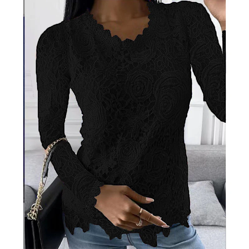 Elegant Lace Women T-shirts Y2K Fashion Long Sleeve Office Lady Blouses O-neck Solid Causal Vintage High Street Boho Female Tops