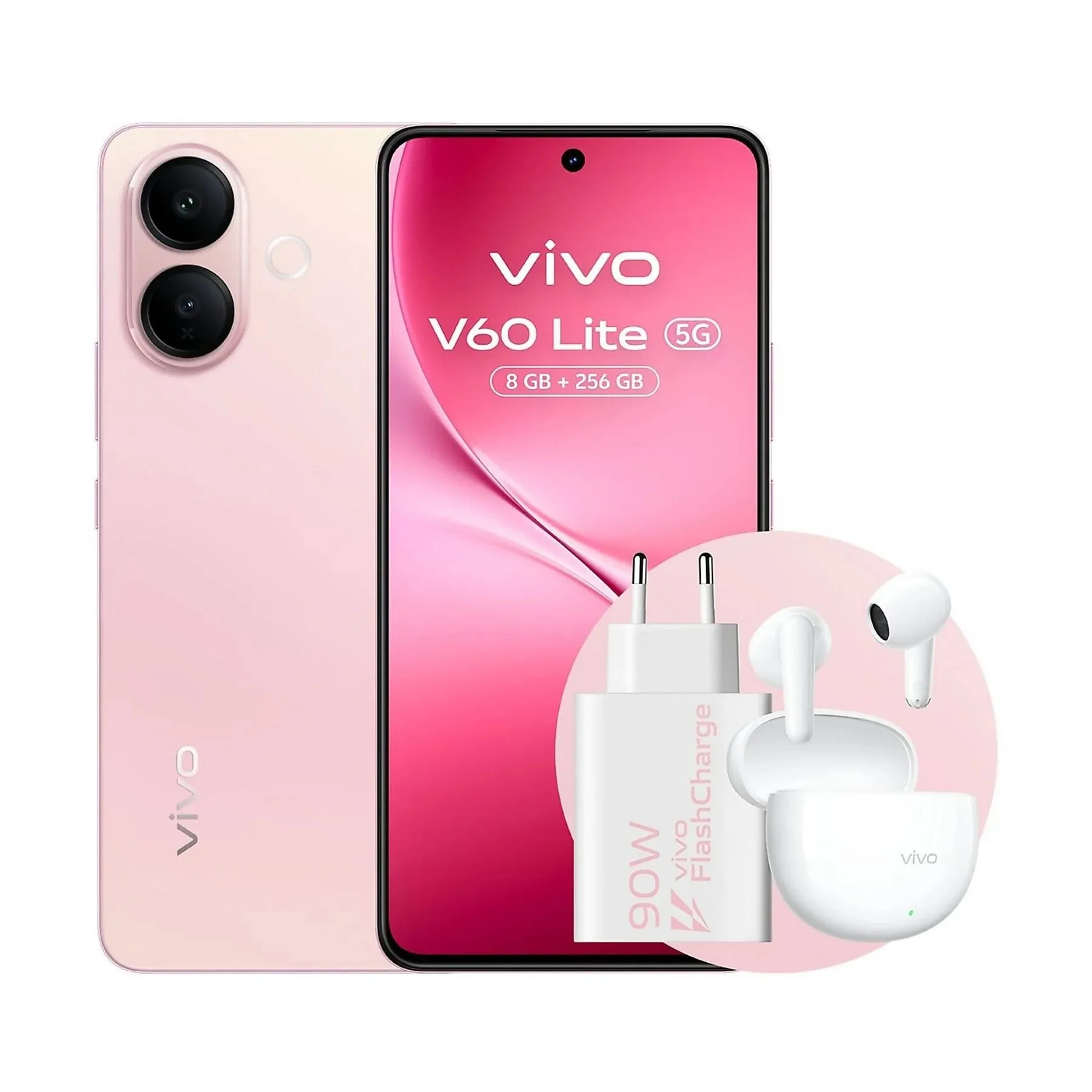 Vivo V60 Lite 5G Air3 + شاحن 90 وات Buds Pack، بطارية BlueVolt 6500 مللي أمبير في الساعة، كاميرات AI مع مستشعر Sony IMX882 50 ميجابكسل، Aura Light، 8 + 8 جيجابايت رام، 256 جيجابايت، شاشة AMOLED 120 هرتز، IP65، NFC