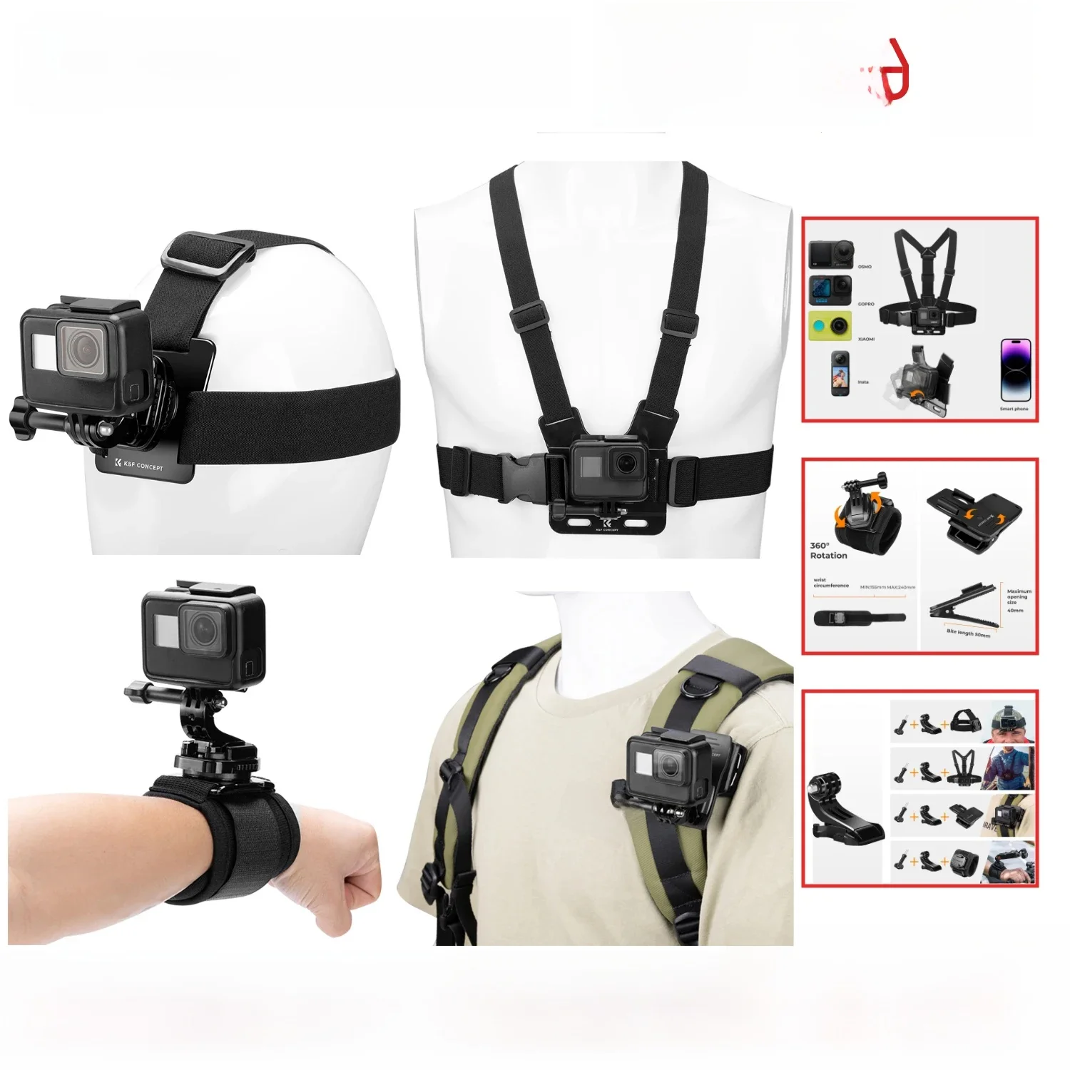 Zestaw akcesoriów K&F CONCEPT do GoPro Hero 13/12/11/10/9/8/7/6/5/4, DJI Osmo Action Series/Pocket 3/2/Insta360 X4/X3, paski na klatkę piersiową — zdjęcie produktu 7