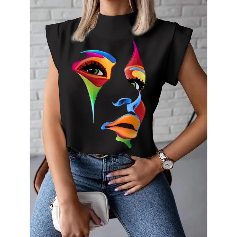 Krisnanas Women Cap Sleeve Loose Multi-Colored Printed High-Neck T-Shirts Tops