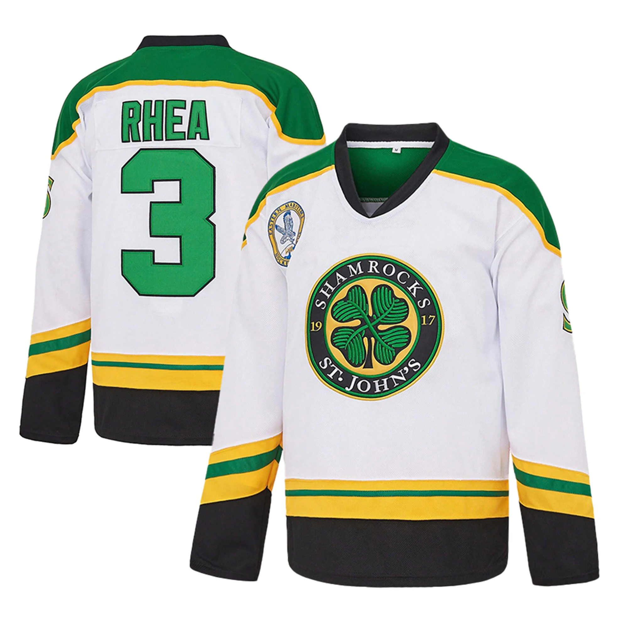 Unisex #3 Ross The BOSS Rhea's Shamrocks Stitched White Hockey Jersey with EMHL Patch,Sports Casual Hockey Uniform