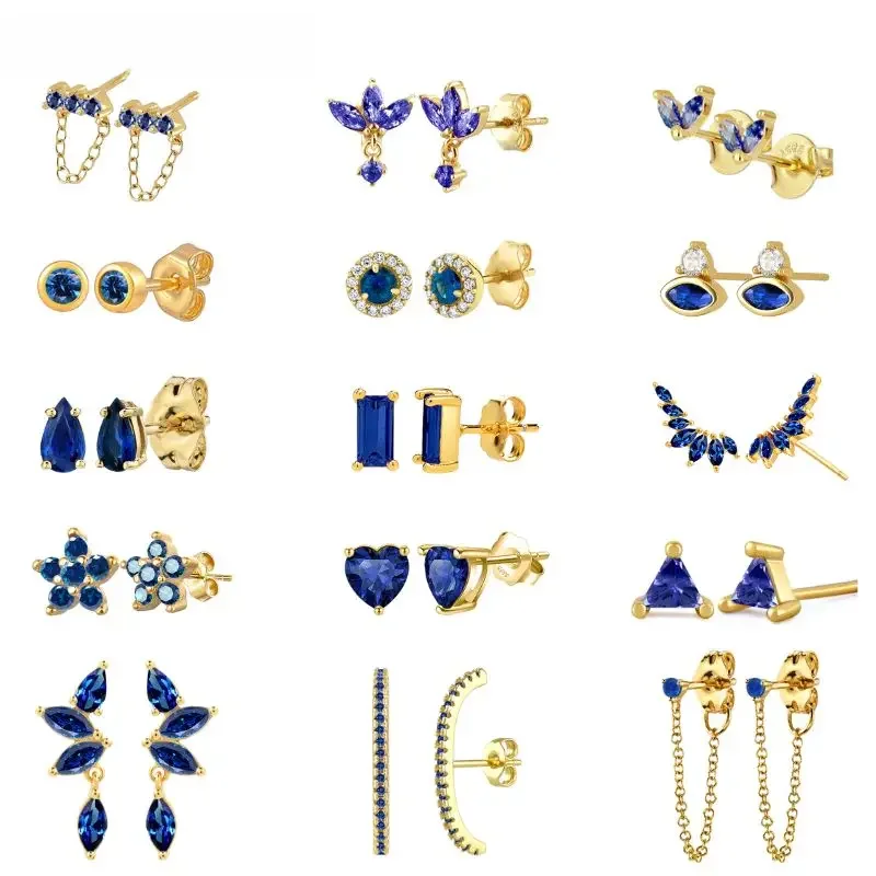 Boucles d'oreilles en argent Sterling 925 pour femmes, aiguille en cristal bleu Royal, Piercing en forme de cœur de luxe, bijoux à la mode Pendientes