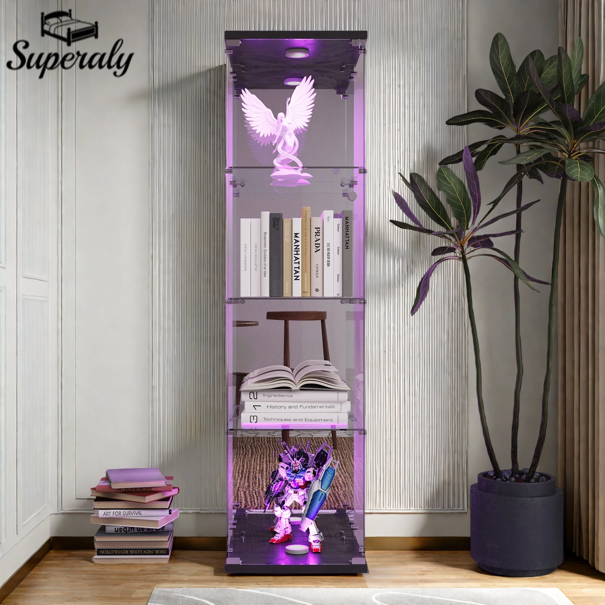 Superaly Nouvelle Vitrine à 4 Niveaux en Verre Trempé avec Éclairage LED, Porte et Serrure, Meuble de Rangement pour Salon