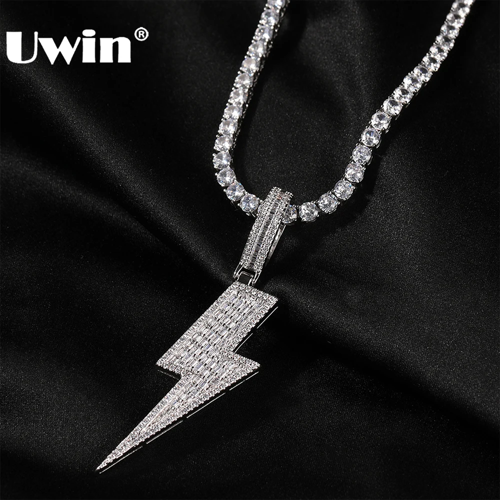 

UWIN Baguettecz Lightning Pendant Necklaces Big Hook Iced Out Cubic Zirconia Charms Fashion Hip Hop Jewelry for Christmas Day