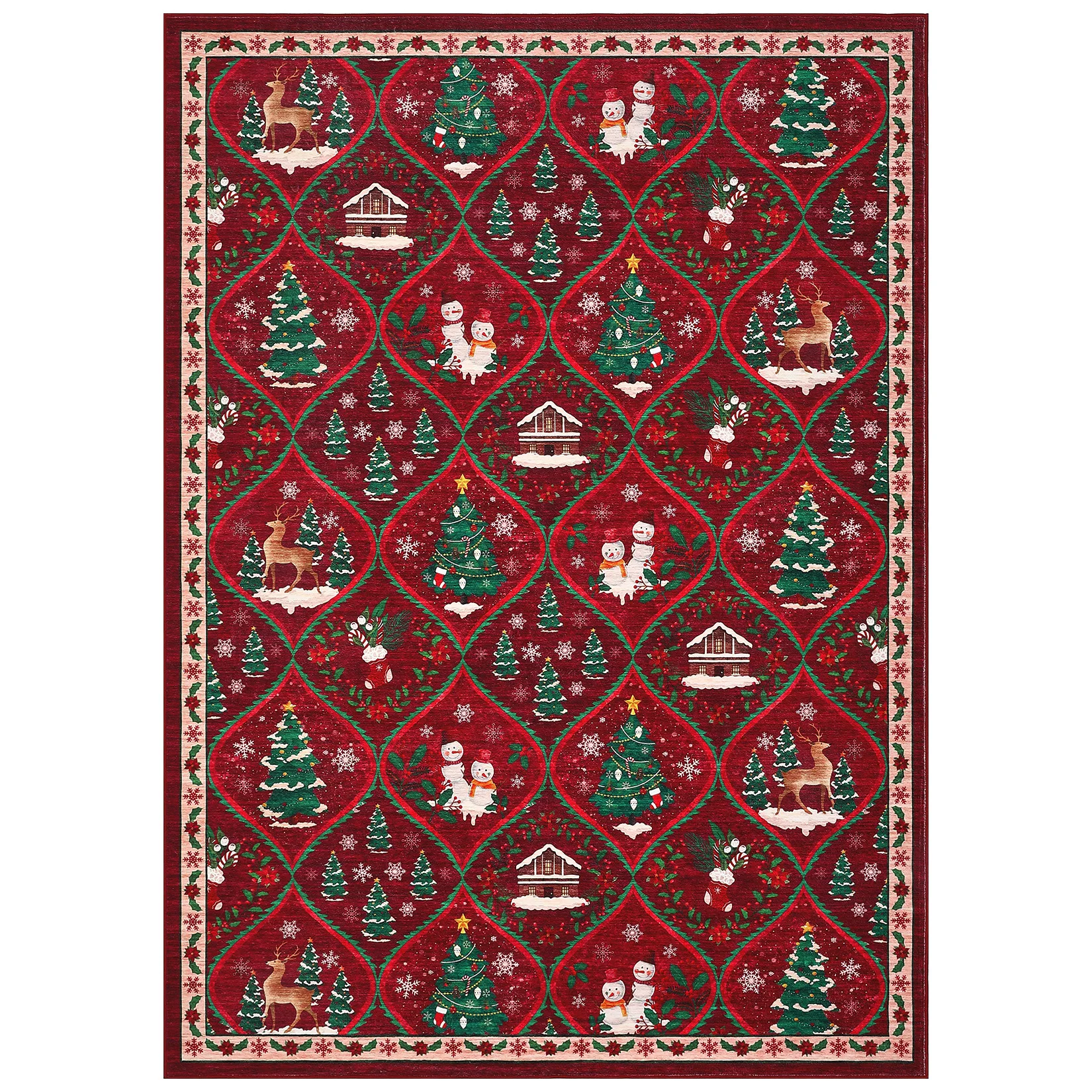 Kerstrood lopertapijt met sneeuwpop-, rendier- en boommotief, antislip achterkant, wasbaar, 0,2 inch laagpolig, zacht, waterbestendig, feestelijke huisdecoratie voor woonkamer, slaapkamer, entree,