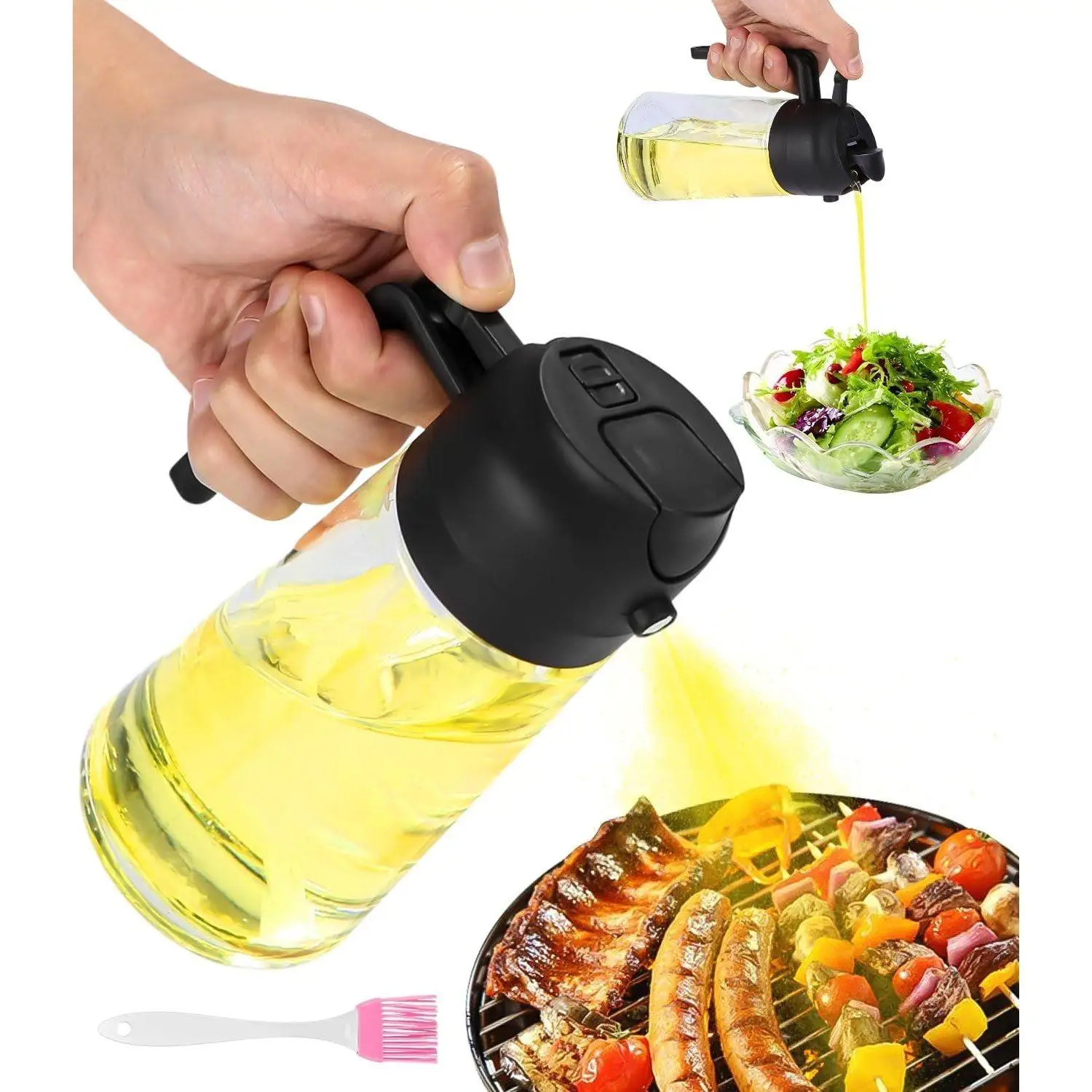 1 Set 2-in-1 Glas-Ölsprüher und -Ausgießer Schwarz, Dual-Use Olivenöl-Sprüher & -Spender zum Kochen, für Salate und BBQ, Tropffreie Küchenflasche mit Sprühnebel, Praktisches Geschenk für Hobbyköche