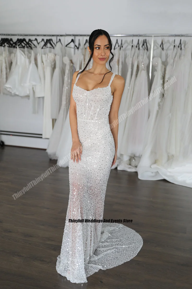 Thinyfull Glitter Mermaid Wedding Dresses Sweetheart Sleeveless Sequined Women Bridals Gowns Bridal Party Gown vestidos novia