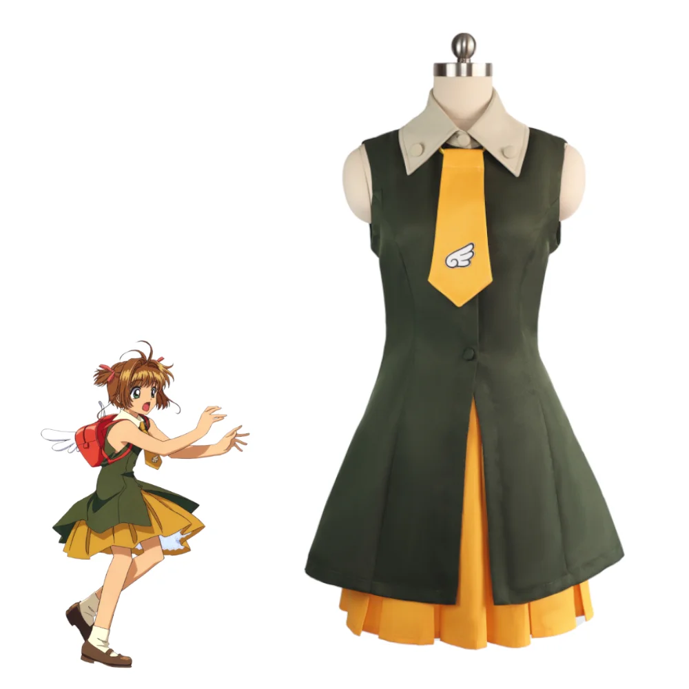 

Cardcaptor Sakura Cosplay Dress Green Yellow Sleeveless JK Uniform with Tie Women Halloween Costume