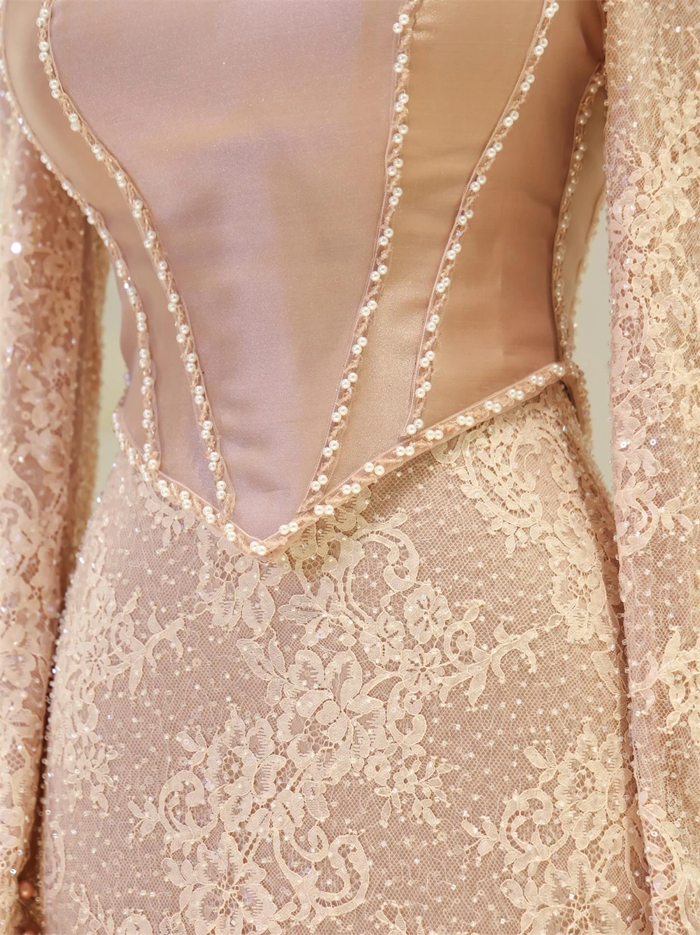 Sansa Corsetto personalizzato Sirena Collo alto Abito da ballo Manica lunga Pizzo con paillettes Abiti da sera Lunghezza pavimento Serata formale