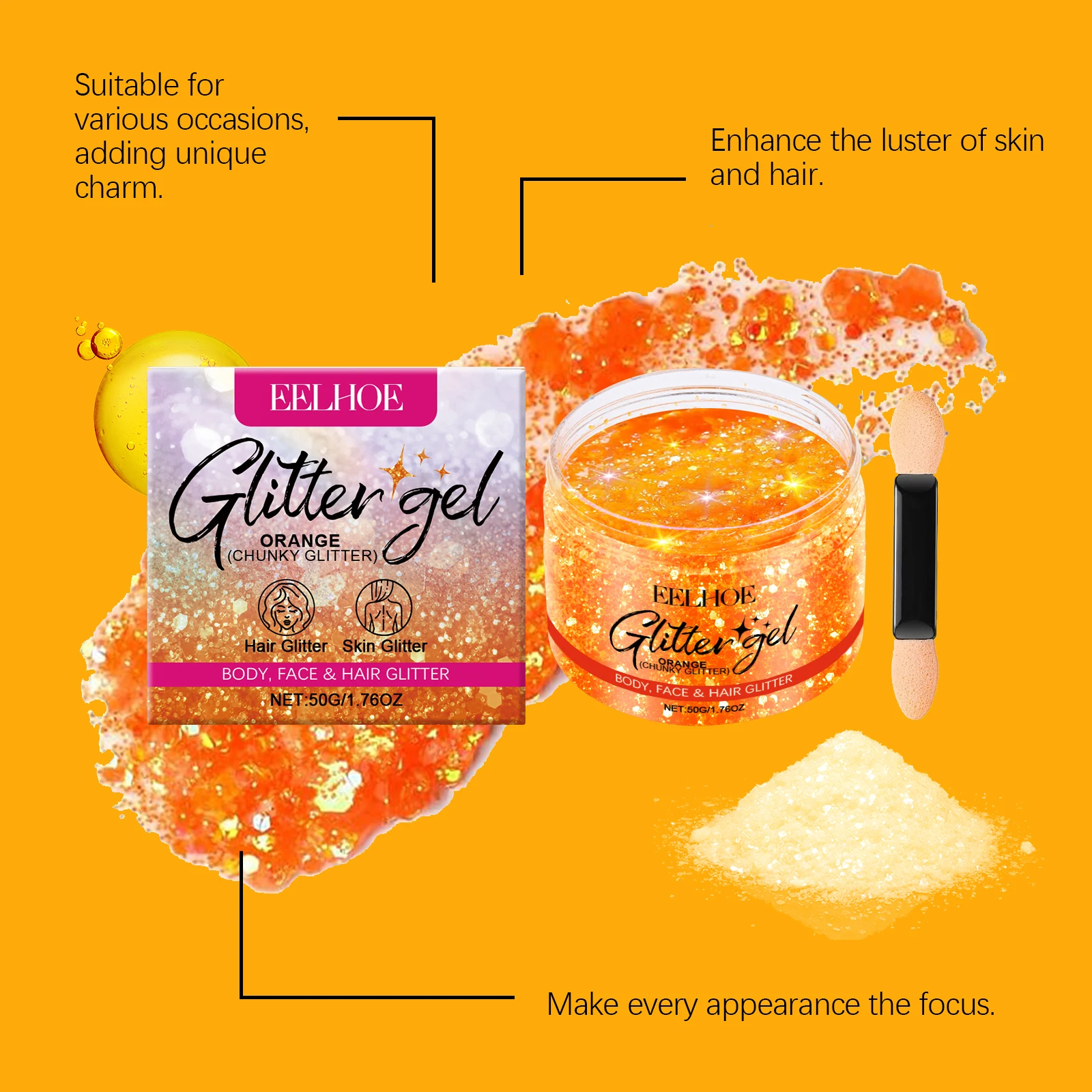 Eelhoe 50 جرام برتقالي لامع جل اشراق الجسم الترقوة عيد الميلاد السنة الجديدة حفلة ماكياج مهرجان لامعة تألق هيغليغتر جل