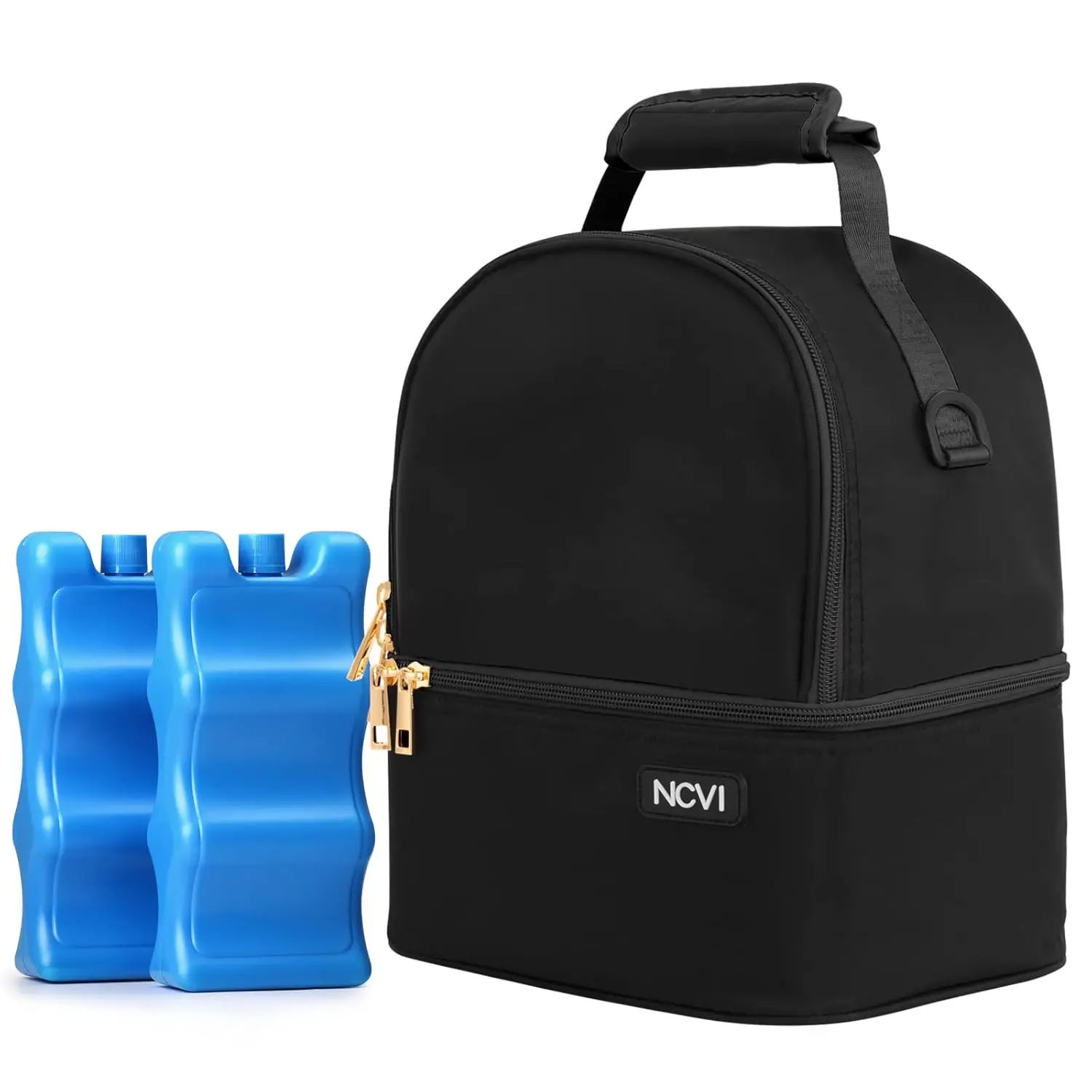 NCVI Breastmilk Cooler Bag with Ice Pack，Black Multifunction Nursing Travel Bag，Insulated Lunch Bag, Baby Bottle Bag Fits 6 Bot